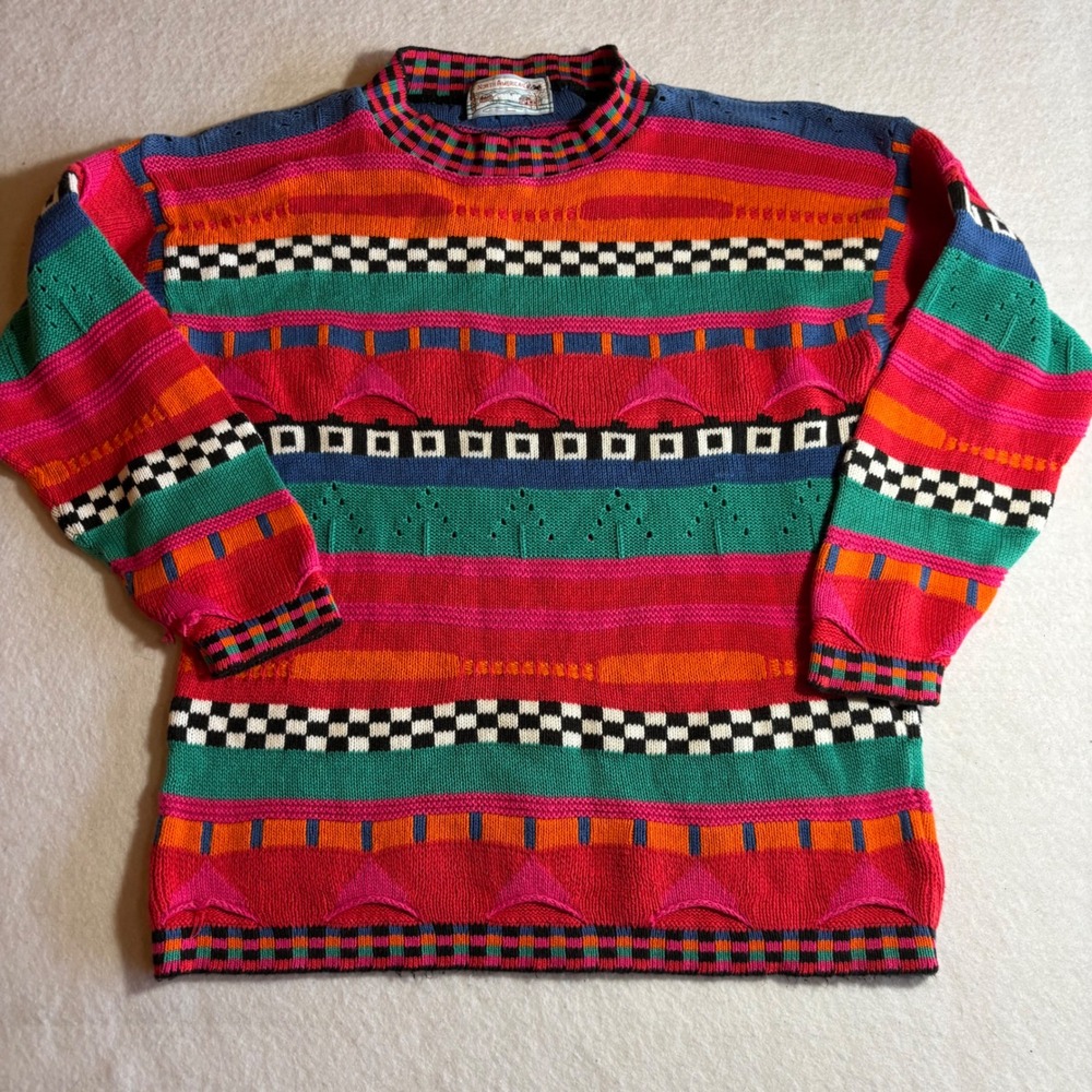 Vintage North American Colorful Knit‎ Sweater Abstract Pattern Medium